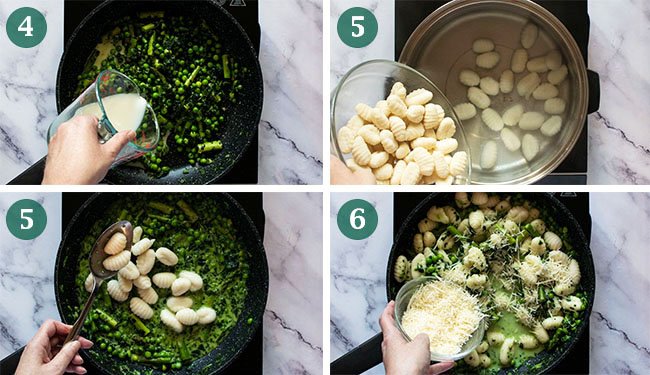 Steps 4, 5 and 6 of Gnocchi Primavera with Creamy Parmesan Sauce.
