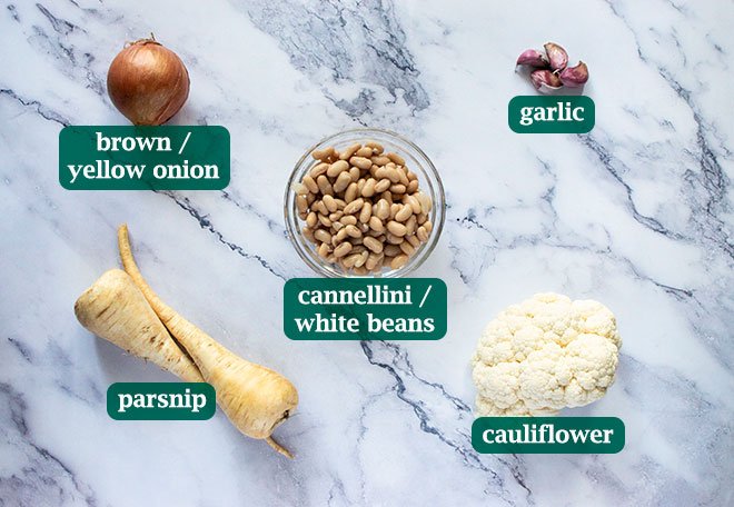 Key ingredients for roasted cauliflower parsnip soup.