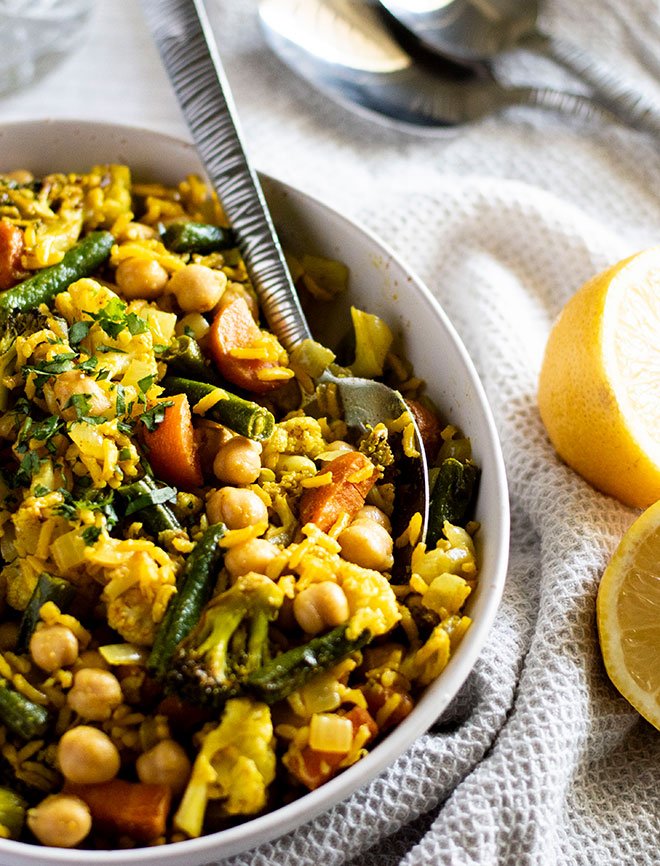 A bowl of warm indian rice salad.