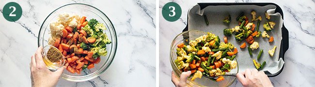 Steps 2 and 3 of warm indian rice salad.