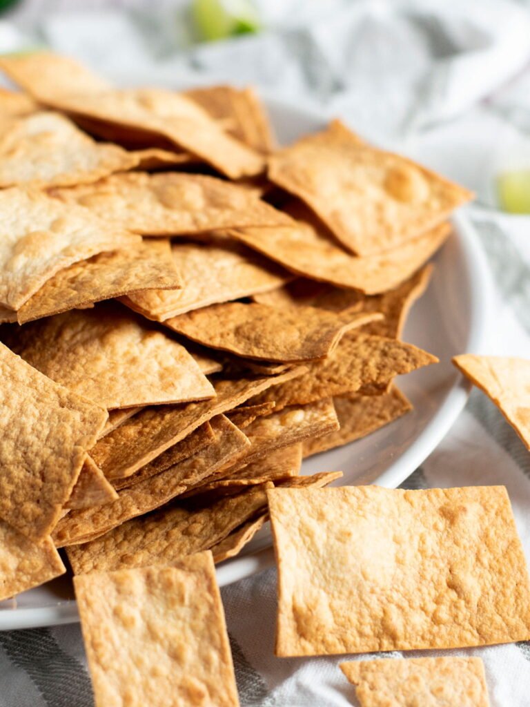 A plate of baked tortilla chips.