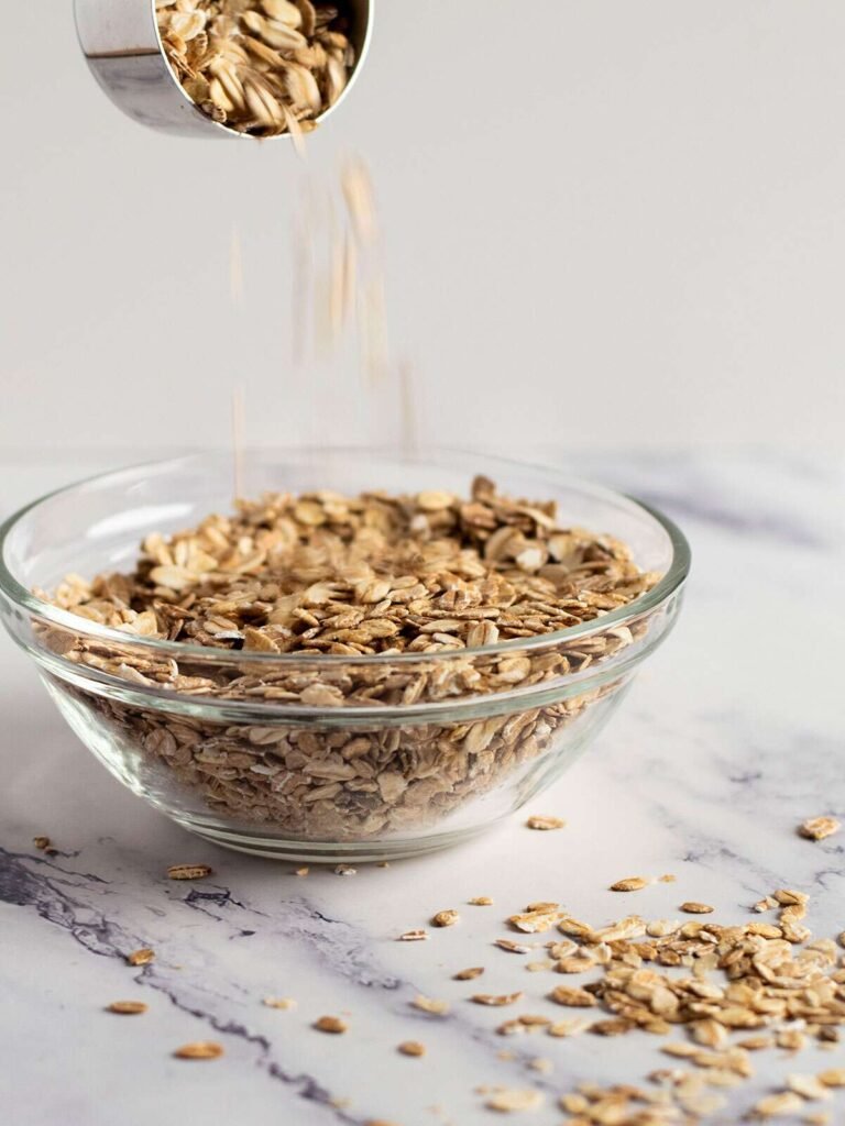 A bowl of 5 grain porridge used to make tropical granola.