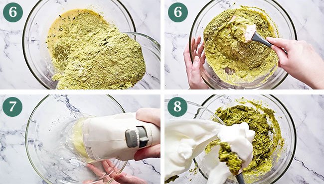 Steps 6 - 8 of making pistachio and matcha cake.