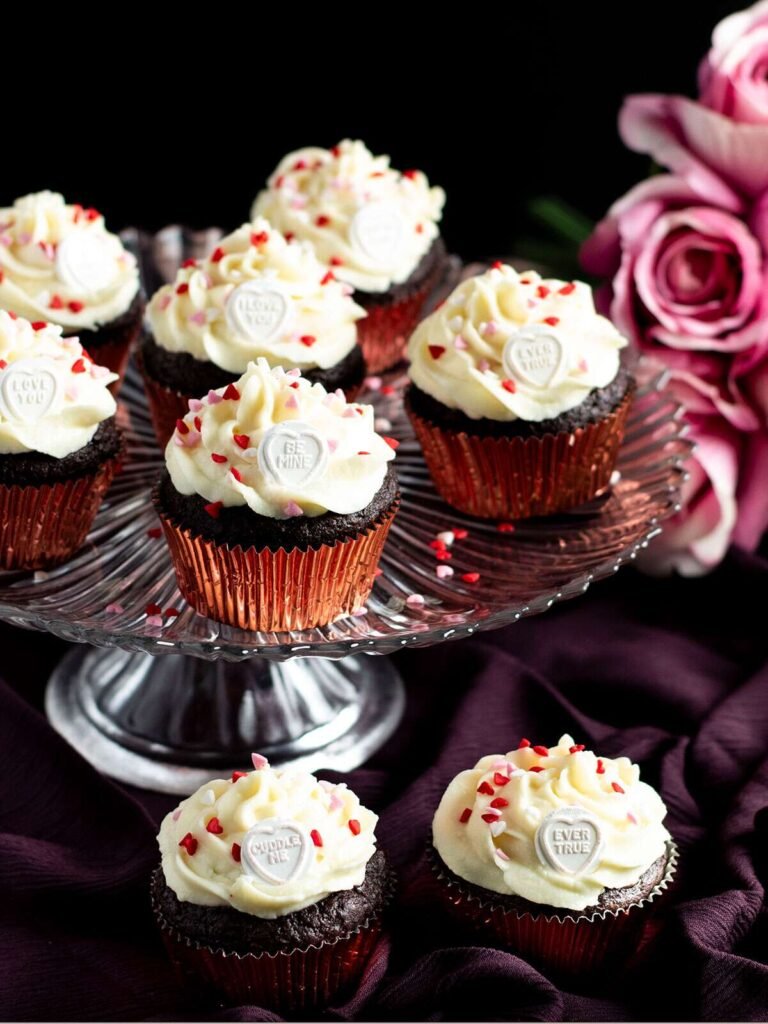 Chocolate and beetroot cupcakes on a cake stand.