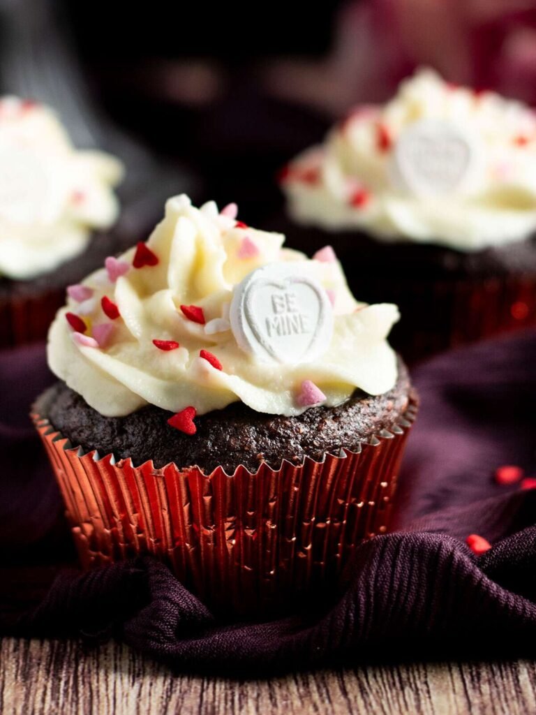 Three chocolate beetroot cupcakes.