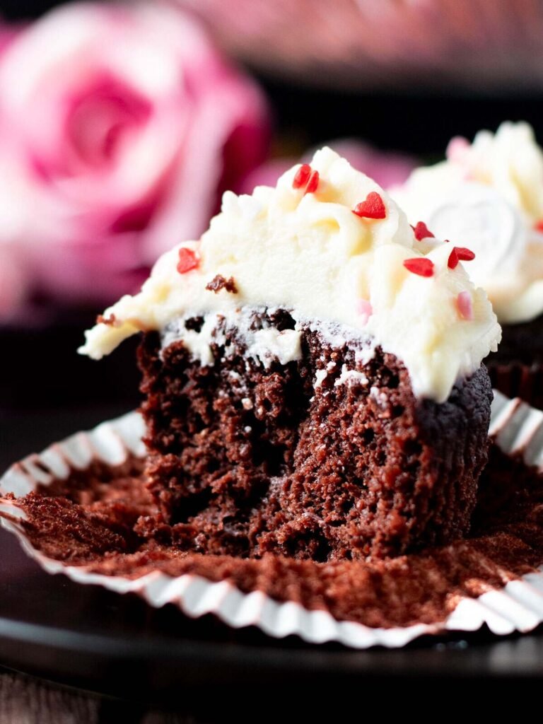 A chocolate beetroot cup cake, cut in in half.