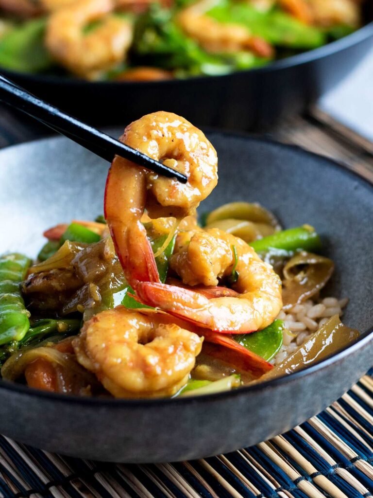 A bowl of Chinese curry prawns.