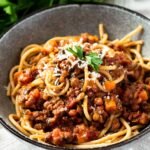 A bowl of beef and lentil bolognese.