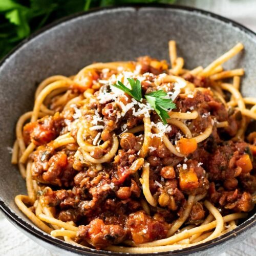 A bowl of beef and lentil bolognese.