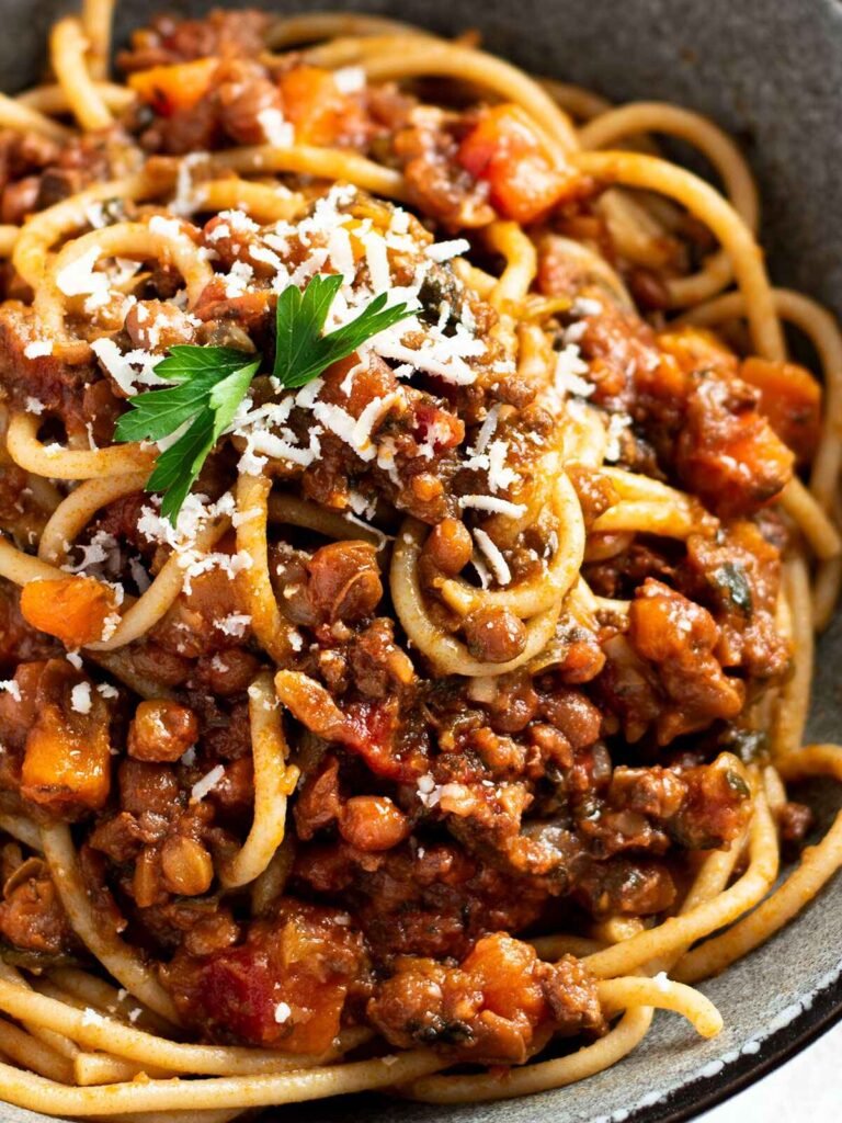 A bowl of Beef and Lentil Bolognese.
