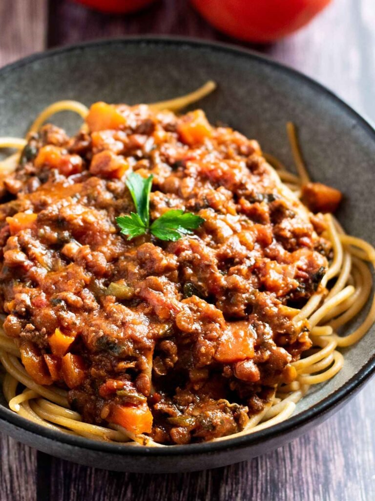 A bowl of beef and lentil bolognese.