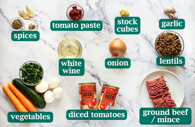 Ingredients for beef and lentil bolognese.