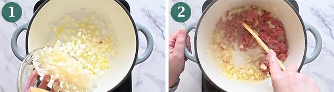 Steps 1 and 2 of making beef and lentil bolognese.