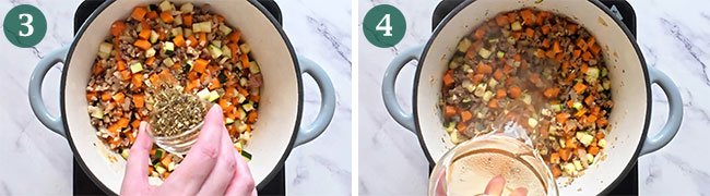 Steps 3 and 4 of making beef and lentil bolognese.