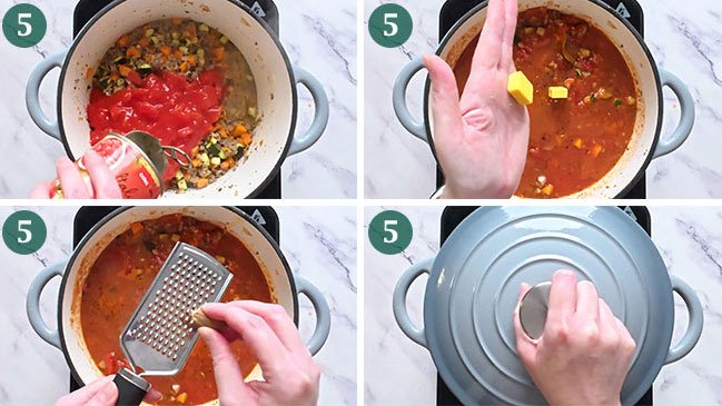Step 5 of making beef and lentil bolognese.