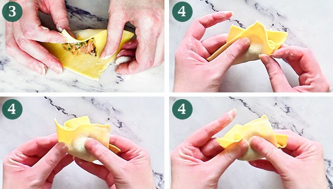 Steps 3 and 4 of wrapping for Shanghai wonton soup.