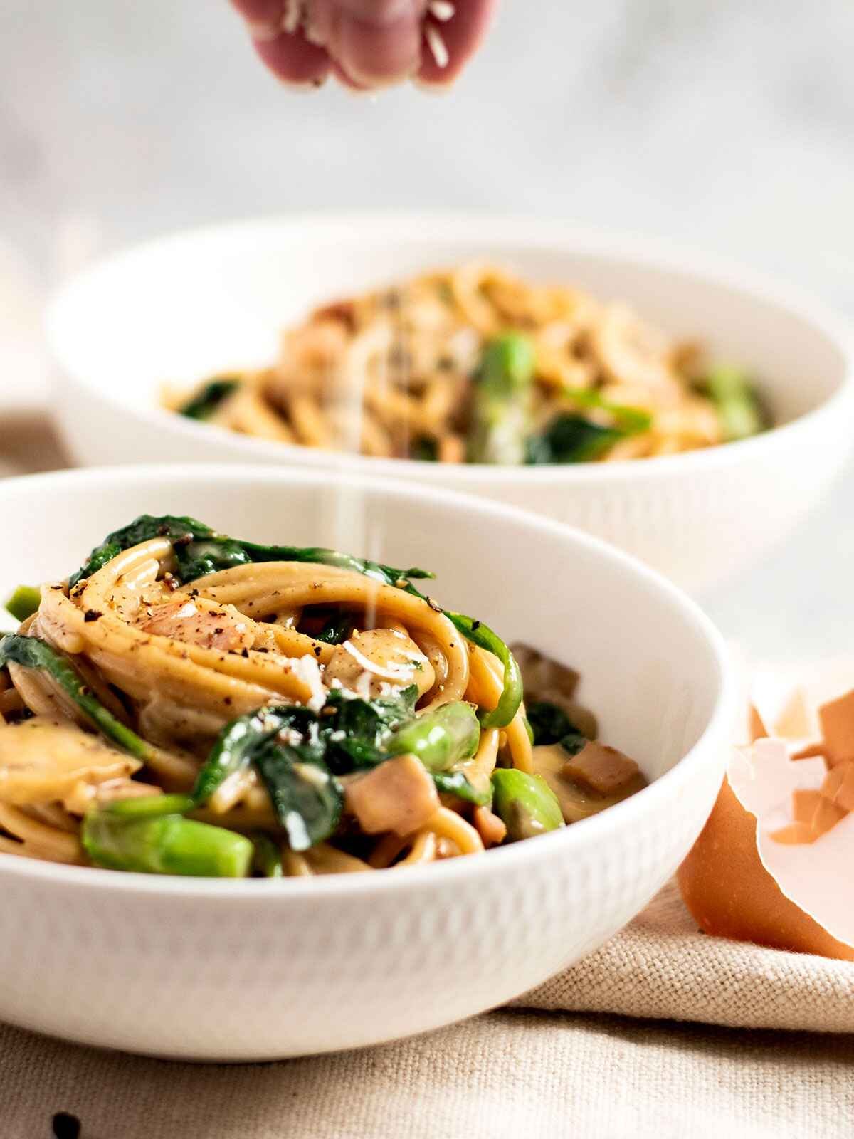Two bowls of healthy vegetable carbonara.