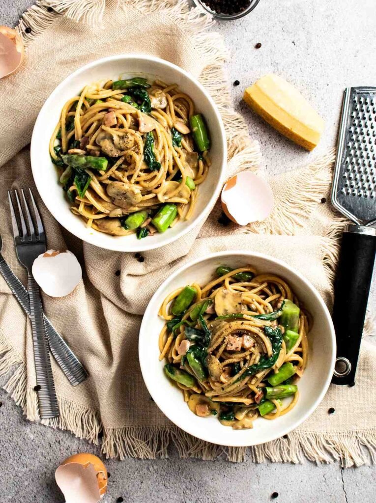 Two bowls of healthy vegetable carbonara.