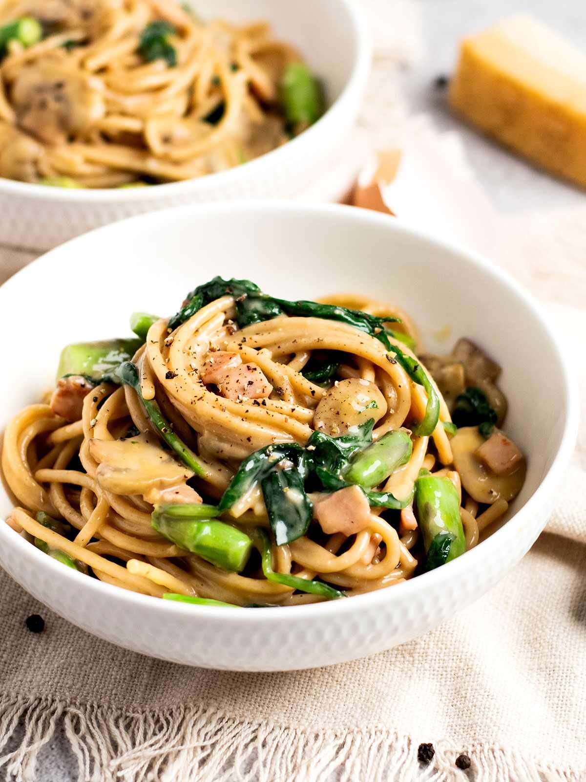 Two bowls of healthy vegetable carbonara.
